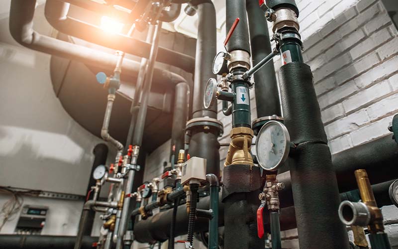 Cassette heating system with many steel pipes, manometers and metal tubes
